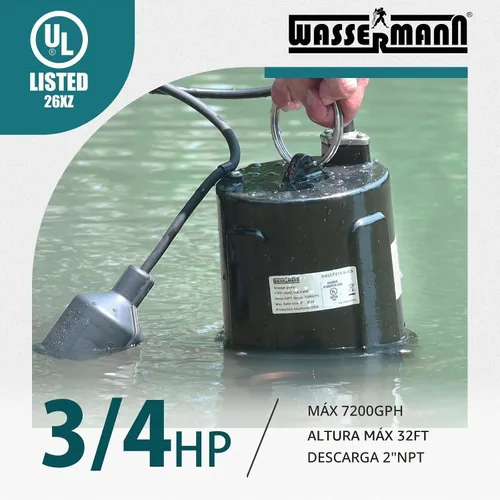 Vista 2 de WASSERMANN Bomba de aguas residuales de 3/4 HP de descarga de 2 pulgadas con interruptor de flotador automático, bomba de alcantarillado sumergible