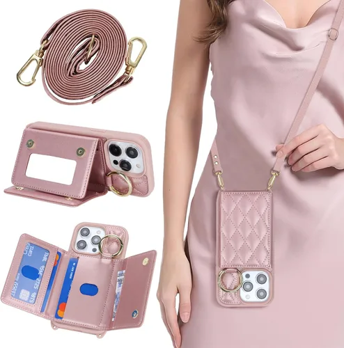Vista 34 de Funda para iPhone 14 con tarjetero y correa para mujer, cordón cruzado, espejo de maquillaje, soporte de anillo, cierre a presión, bonitas fundas