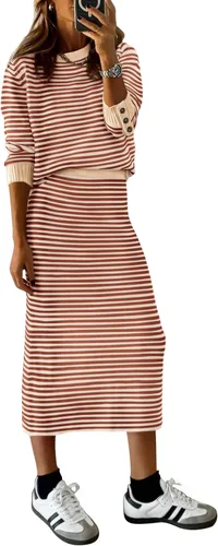 Vista 21 de PRETTYGARDEN - Conjunto de falda de suéter a rayas de 2 piezas para mujer Rayas de albaricoque