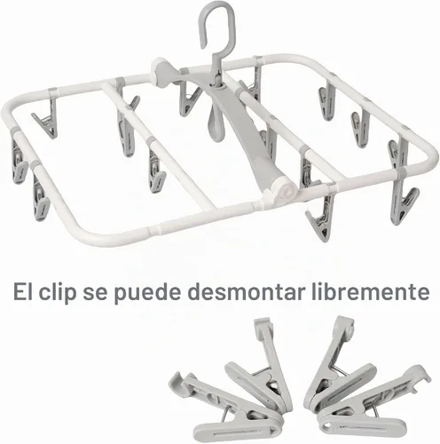 Vista 3 de Foshine Perchas de secado de ropa plegables de plástico con 20 clips de secado (gris claro, rectangular)