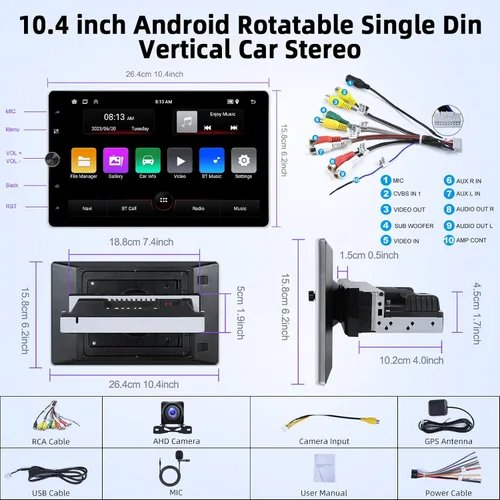 Vista 7 de [2G+64G] Android 13 giratorio único DIN vertical coche estéreo 10.4 pulgadas pantalla táctil Radio unidad con Carplay inalámbrico y Android Auto/EQ