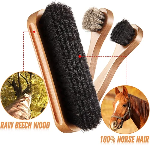 Vista 2 de Kit de 4 cepillos para zapatos de pelo de caballo, aplicadores de limpieza de piel, botas, cepillos de cuidado de gamuza con paño de microfibra