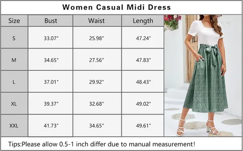 Vista 5 de Vestido midi para mujer 2024 con cuello cuadrado, manga corta, casual, acanalado, profesor, iglesia, modesto, trajes de trabajo de negocios