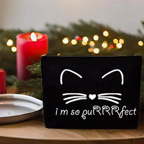 Vista 2 de Regalos para los amantes de los gatos, bolsa de maquillaje con cremallera de gato negro y organizador de neceser de viaje, Regalos decorados