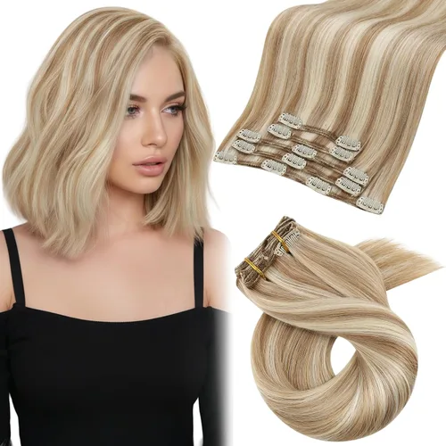 Vista 49 de Moresoo Extensiones de cabello humano con clip, balayage, color marrón oscuro a marrón dorado con clip, extensiones de cabello humano con clip, 5