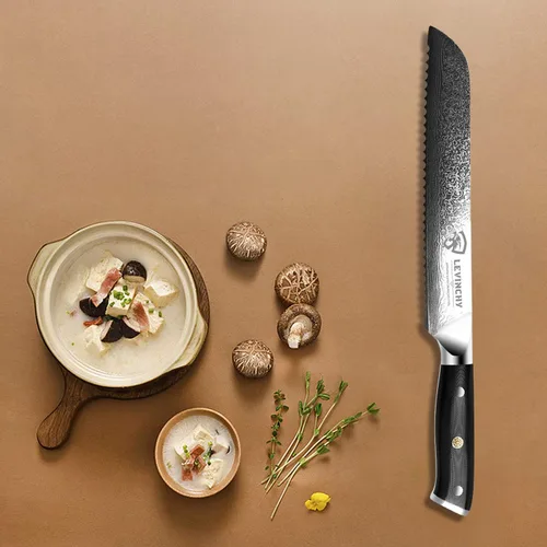 Vista 3 de Cuchillo de pan profesional de acero inoxidable japonés de Damasco de 8 pulgadas con mango negro Premium G10, cuchillo de cocina ergonómico