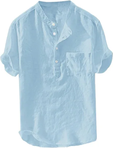 Vista 12 de Camisas de lino para hombre, de manga corta, con botones, estilo Henley, ligeras, sin cuello, hippie, playa, ropa