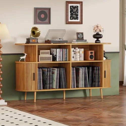 Vista 4 de Mid-Century - Moderno soporte para tocadiscos con carga USB y luces LED, gabinete de almacenamiento de vinilo estriado, capacidad para más de 300
