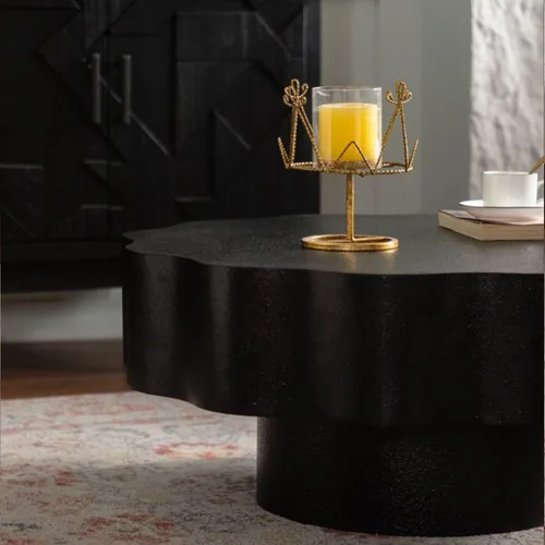 Vista 5 de Mesa de centro redonda de 31.5 pulgadas, moderna mesa de té de madera con forma de borde ondulado, mesa de centro circular de madera de tambor