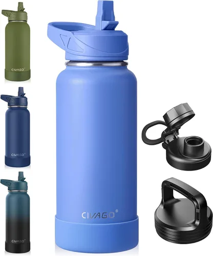 Vista 24 de CIVAGO Botella de agua aislada de 22 onzas con pajita, frasco de agua deportiva de acero inoxidable con 3 tapas