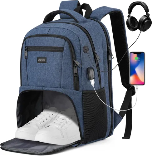 Vista 10 de YAMTION Mochila de gimnasio para hombres y mujeres con compartimento para zapatos, bolsa de libros de 17,3 pulgadas para niños con puerto USB