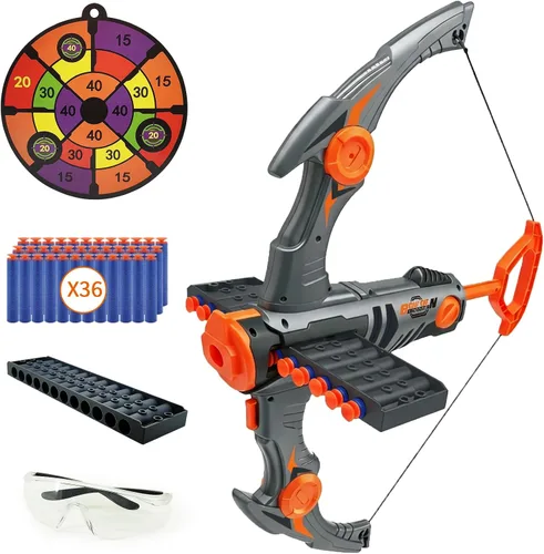Vista 7 de Arco y flecha de juguete para balas de pistola Nerf, juego de tiro con bala de espuma de 12 dardos con 36 dardos de espuma, 1 gafas y objetivo Azul