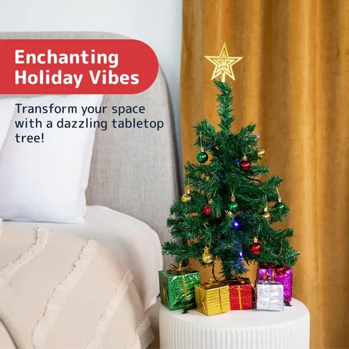 Vista 2 de PREXTEX - Mini árbol de Navidad de 23 pulg DIY con luces - Pequeños adornos de Navidad de mesa Árbol de Navidad de mesa con luces LED multicolor