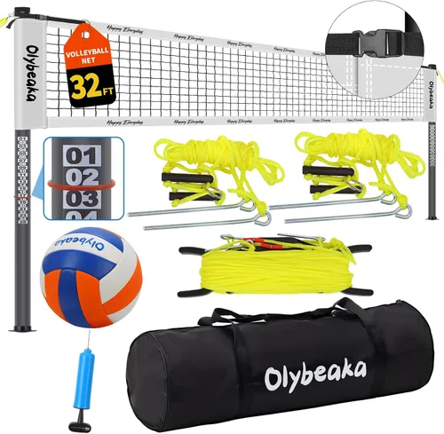Vista 9 de 32FT Outdoor Volleyball Net Set, Regulation Size Portable Volleyball System with 1.25" Adjustable Steel Poles, 28-Ply Anti-Sag PE Net, Ball, Pump