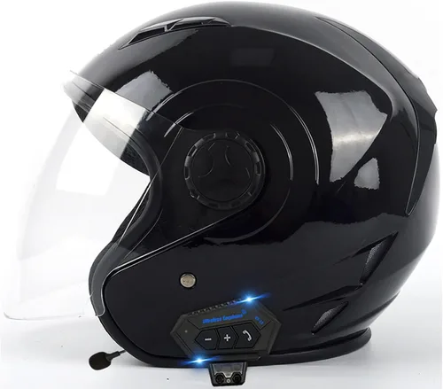 Vista 12 de Casco Bluetooth para motocicleta 3/4, casco retro abierto con visera solar, casco de moto Jet para hombres y mujeres adultos, casco aprobado por DOT