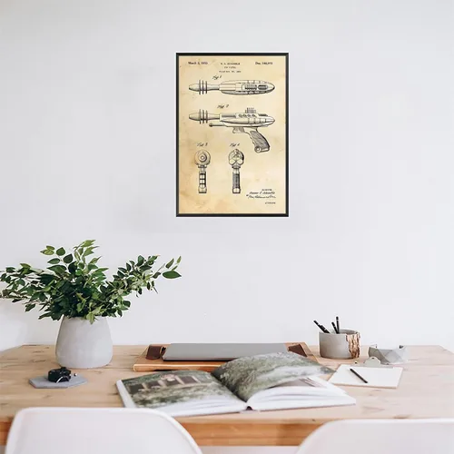 Vista 6 de Póster retro de juguete con pistola láser de Estados Unidos, arte de pared, arte de pared de ciencia ficción futurista, impresión de pistola