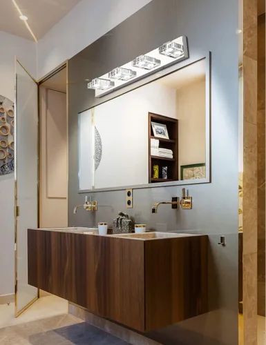 Vista 7 de SOLFART Iluminación LED para baño, 4 luces, regulable, moderno, de vidrio, acero inoxidable, luz de pared sobre espejo