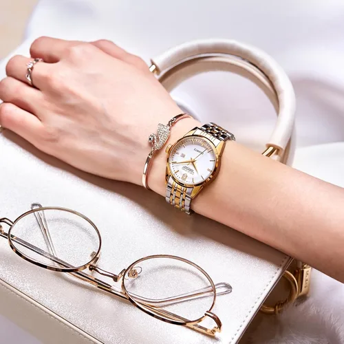 Vista 6 de Reloj clásico para mujer, reloj de pulsera de cuarzo de acero inoxidable dorado y plateado para mujer con visualización de fecha, relojes elegantes