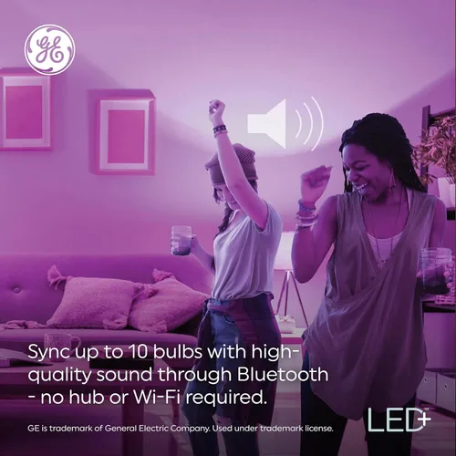 Vista 3 de GE LED+ A21 Bombilla LED, Luz LED Interior con Cambio de Color, Altavoz Inalámbrico Bluetooth con Control Remoto, 9W, Multicolor y Blanco Cálido