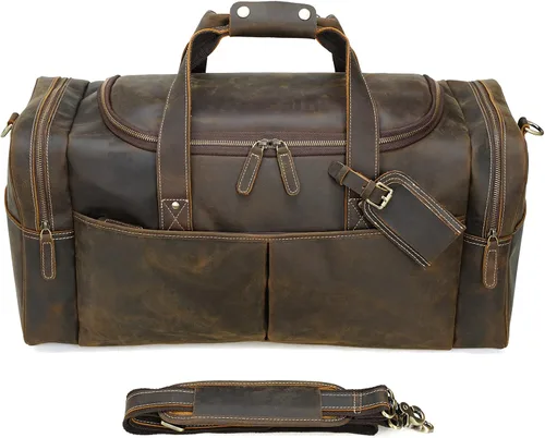 Vista 2 de Polare - Bolsa de lona de cuero de grano completo para hombre, de 24 pulgadas, para viajes, gimnasio, deportes, fin de semana, grande, Marrón, Retro