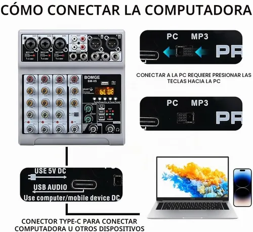 Vista 4 de BOMGE Mezclador de audio, consola de mezcla de tablero de sonido con 5 canales digitales USB Bluetooth, efecto de eco y retardo, alimentación