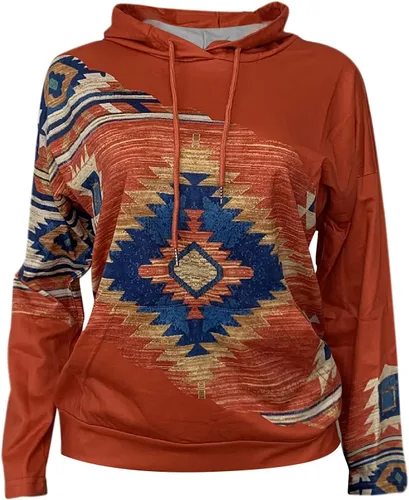 Vista 4 de Sudaderas con capucha estilo étnico azteca occidental para mujer, estilo casual, folk, manga larga, con bolsillo