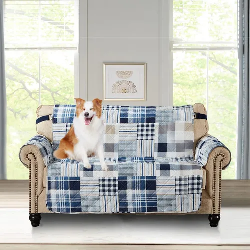 Vista 20 de Brilliant Sunshine Blue Plaids & Stripes - Funda para sillón de sofá, asiento de 23 pulgadas Patchwork Design, Non Slip Sofa Cover, Quilted