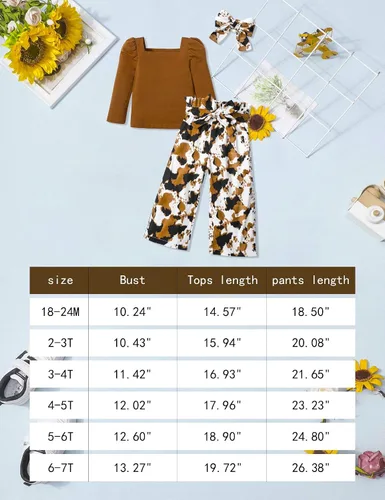 Vista 7 de Conjunto de 3 piezas de ropa para niña pequeña, cuello cuadrado, manga larga abombada, pantalones a rayas + diadema