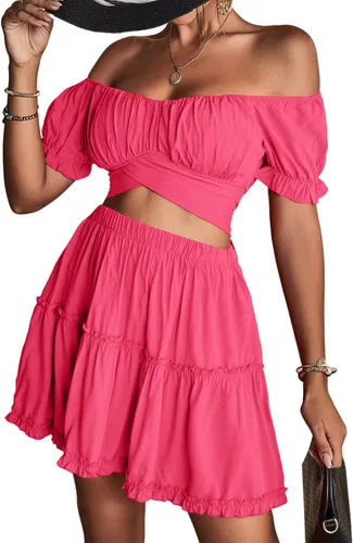 Vista 6 de LYANER Conjunto de 2 piezas para mujer con estampado floral y hombros descubiertos y minifalda