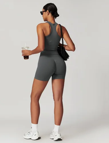 Vista 22 de Conjuntos de entrenamiento para mujer, 2 piezas, sin costuras, acanalada, sin mangas, brasier deportivo, cintura alta, pantalones cortos