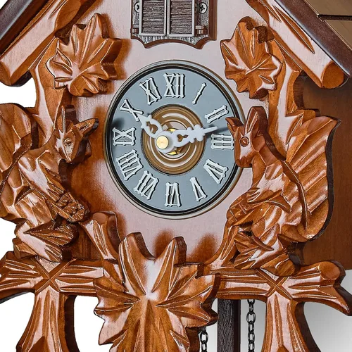 Vista 8 de TIMEGEAR Reloj de Pared Cucú con Modo Nocturno en Estilo Tradicional Alemán con Ardillas Talladas (Color Cereza)