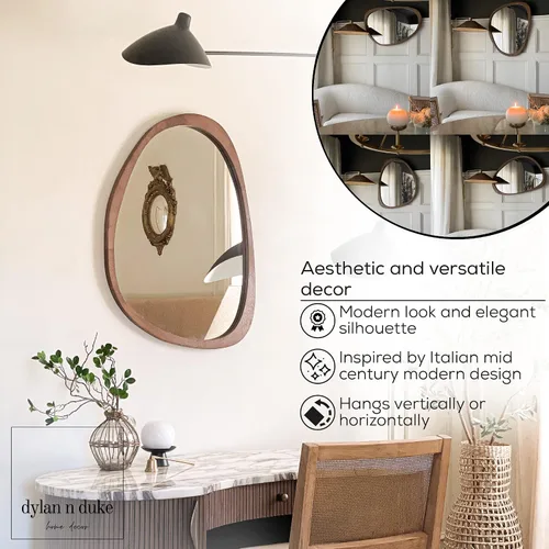 Vista 5 de Espejo bohemio con marco de madera irregular, gran acento montado en la pared, asimétrico, decoración de pared estética moderna para dormitorio