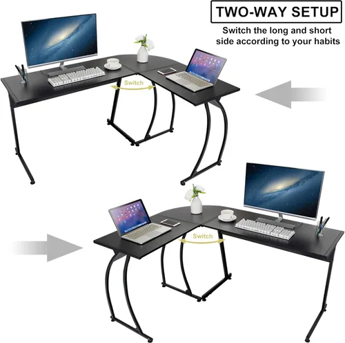 Vista 5 de Super Deal Escritorio esquinero en forma de L para computadora y juegos, escritorio moderno de 58 pulgadas, estación de trabajo de escritura, negro