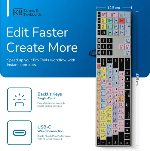 Vista 2 de KB Covers Pro Tools Teclado retroiluminado de aluminio de acceso directo para PC con Windows, más de 150 teclas de edición de audio codificadas por