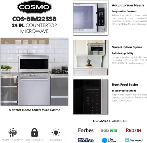 Vista 3 de Cosmo COS-BIM22SSB 61 cm Colección Nebula Horno microondas para encimera de 2.2 pies cúbicos en acero inoxidable Cosmo COS-BIM22SSB 1200W