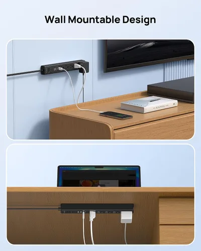 Vista 6 de TROND - Tira de alimentación con protector de sobretensiones, enchufe plano giratorio 360°, 5 tomas ampliamente espaciadas con 2 USB C y 2 USB A