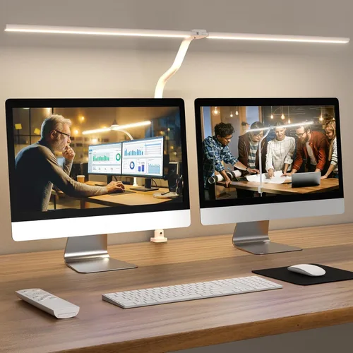 Vista 5 de lámpara LED de escritorio con base - brillante lámpara de computadora regulable con soporte para teléfono, luz de escritorio flexible de 24W