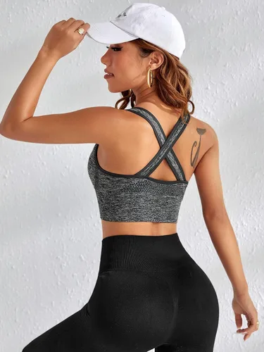 Vista 2 de Cozyease Sujetador deportivo con cremallera y espalda entrecruzada para mujer, cuello bajo, sin costuras, soporte medio, camiseta deportiva sin
