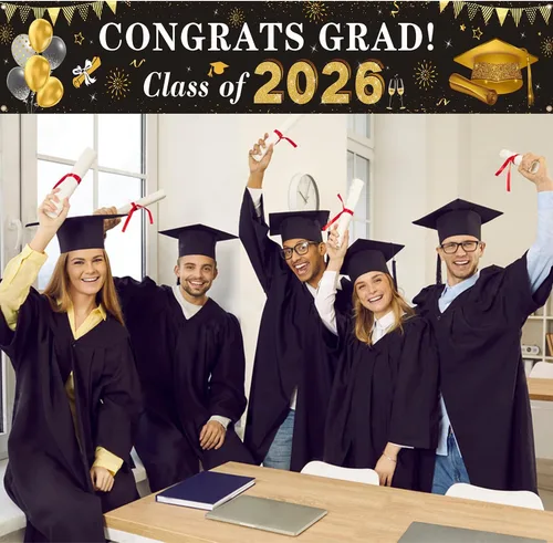 Vista 3 de Decoraciones de graduación 2026 Congrats Grad Class of 2026 - Cartel de graduación negro y dorado para patio, decoraciones colgantes para interiores