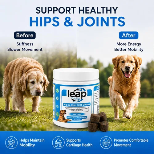 Vista 4 de Suplementos para perros para cadera y articulaciones, aceite de krill y glucosamina masticables suaves, suplemento articular para perros con aceite