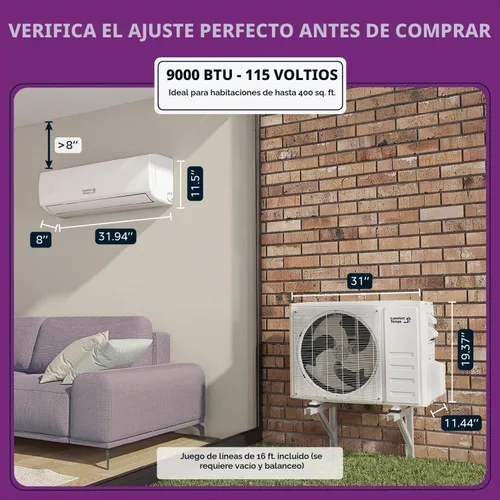 Vista 8 de Mini Split de 9000 BTU de Ahorro de Energía 110V – 19 SEER, Precargado, Sin Conductos, Silencioso y Cómodo Sistema Mini Split de AC/Calefacción