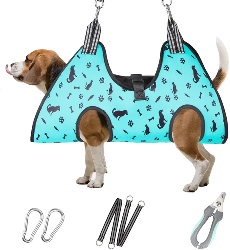 Vista 16 de Hamaca de aseo para mascotas para perros y gatos pequeños – Eslinga para recortar uñas con cortaúñas, lima de uñas y tijeras – Arnés de aseo