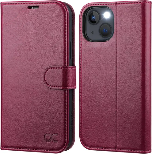 Vista 8 de OCASE Funda tipo cartera compatible con iPhone 13, de piel sintética con tapa tipo folio, con tarjetero, bloqueo RFID, soporte