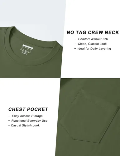 Vista 5 de Cotrasen Camisetas de manga larga para hombre de algodón con cuello redondo, camisetas T con bolsillo que absorben la humedad, suaves, cómodas