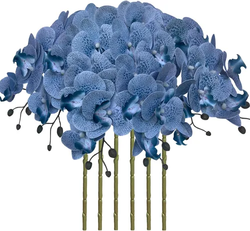 Vista 11 de FagusHome Flores de Phalaenopsis Artificiales de 32 Pulgadas 6 Piezas Tallos de Flores de Orquídeas Artificiales para Decoración del Hogar (Azul)