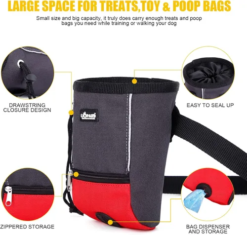 Vista 2 de LIOPARD Bolsa de golosinas para perros, control con una mano, múltiples estilos de uso, apertura inclinada, ideal para pasear y entrenar perros Rojo