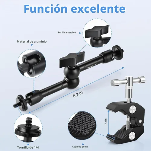 Vista 2 de UTEBIT Brazo mágico de 9 pulgadas con súper abrazadera y cabezas de bola de 360°, color negro