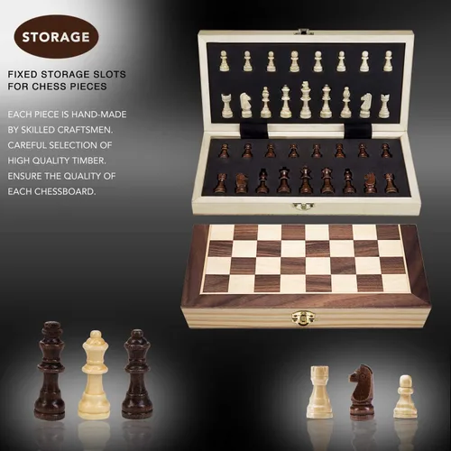 Vista 3 de AMEROUS Juego de ajedrez magnético de madera de 12 x 12 pulgadas para niños y 6 años en adelante, 2 reinas adicionales, tablero plegable con ranuras