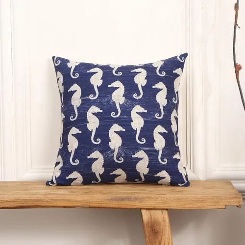 Vista 2 de TRENDIN Funda de almohada decorativa de caballito de mar de 18 x 18 pulgadas para sofá, decoración náutica, cuadrada, de lino, funda de cojín