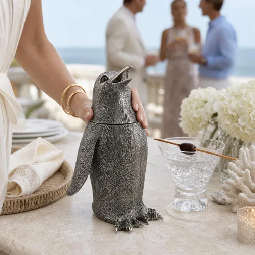 Vista 6 de Vagabond House Coctelera de pingüino de peltre, vajilla inspirada en el océano, 24 onzas, 9 pulgadas de alto